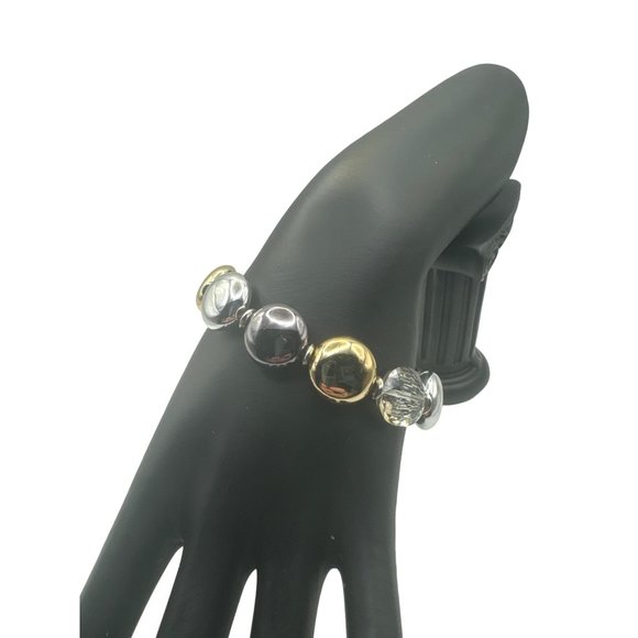 Multi Toned Metallic and Crystal Stretch Bracelet Silver Gold Black Smoke 7.5 in - Picture 3 of 5